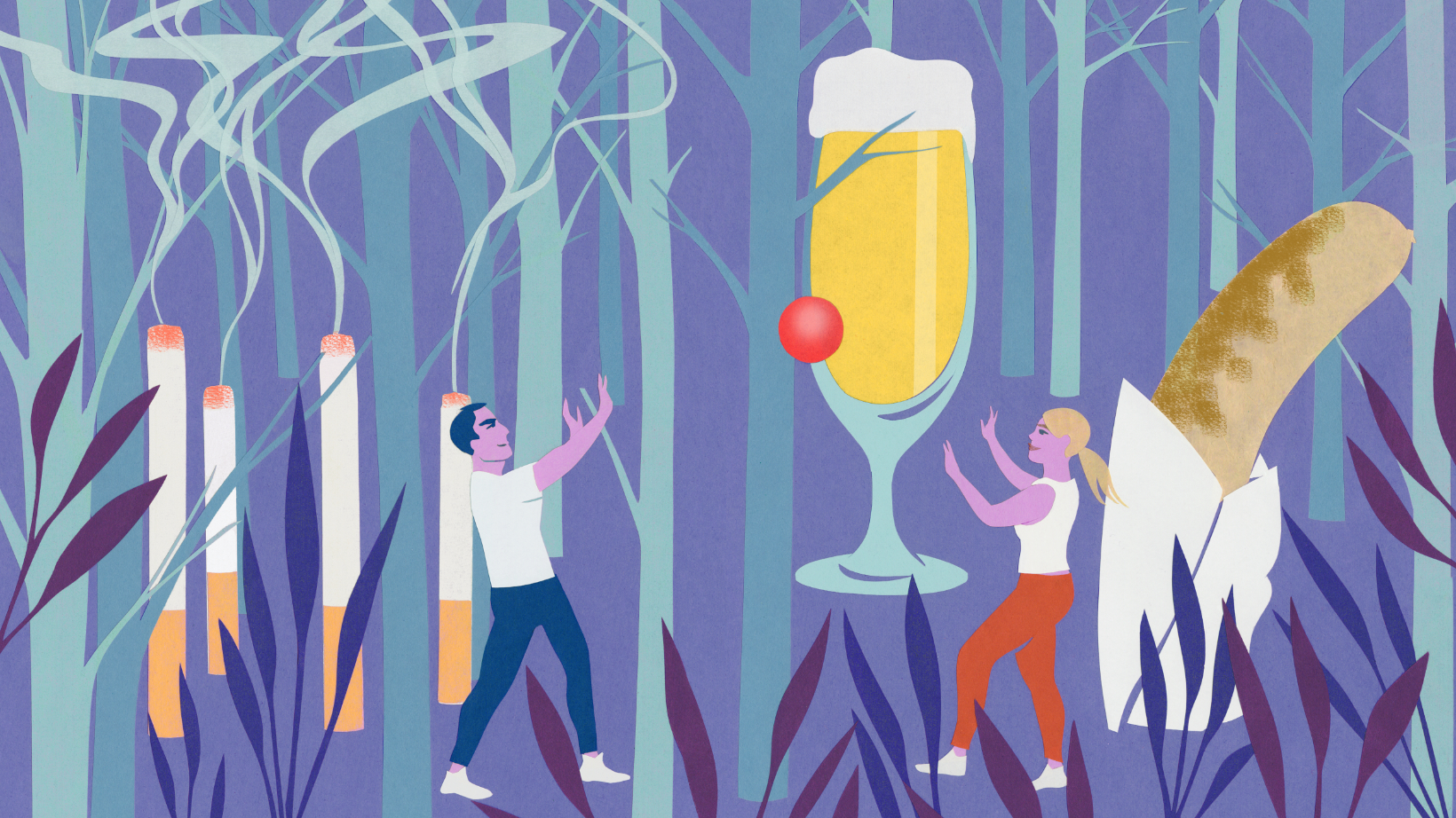Illustraion of a man and woman playing ball with cigarettes, a glass of beer and a sausage in the background
