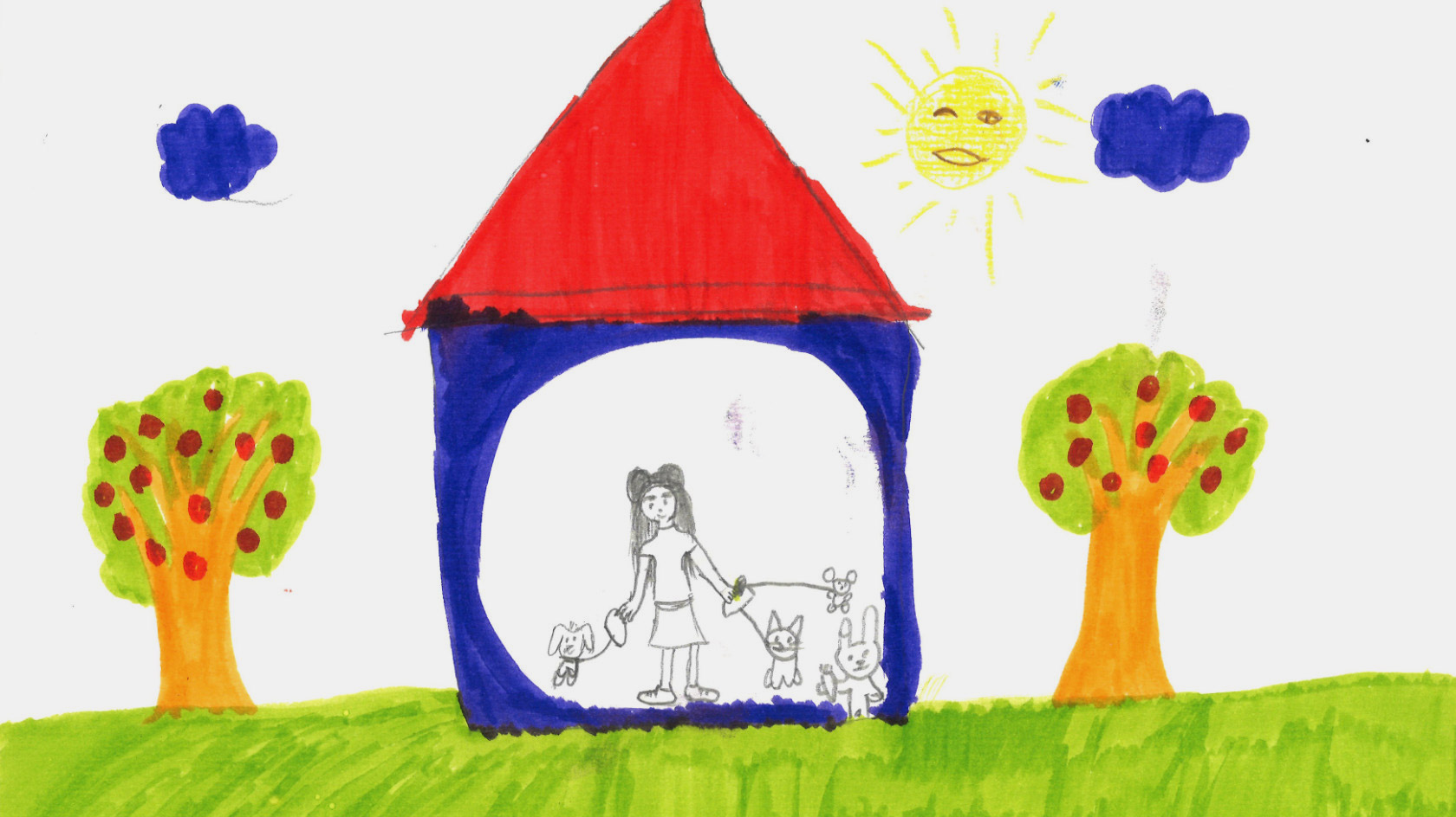Haus mit Mädchen mit vielen Haustieren darin