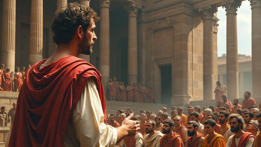 A roman senator speaks in front of citizens