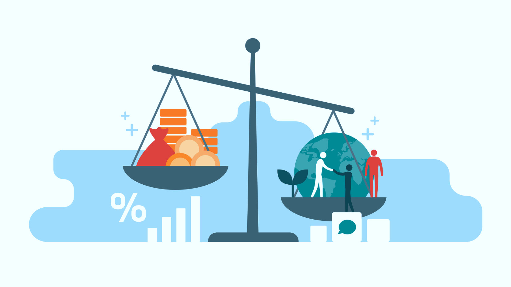 Illustration of a scale: on one pan are stacks of money; on the other, which is tilting downward, are a globe, people, and plants