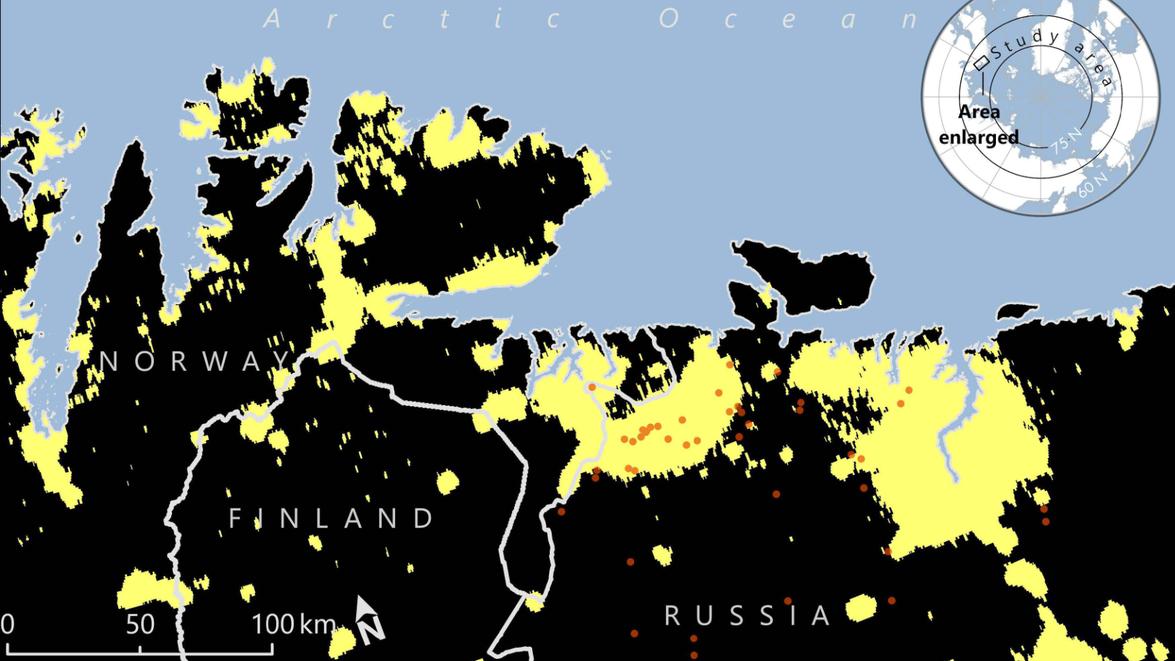Geografische Verteilung von Brandereignissen im Verhältnis zur durch menschliche Aktivitäten beleuchteten Fläche in der europäischen Arktis 2001–2013