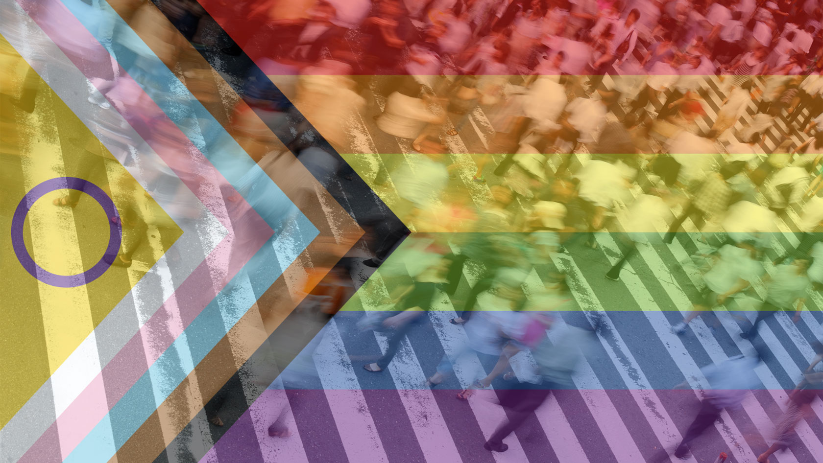 Pride flag overlayed over a group of people