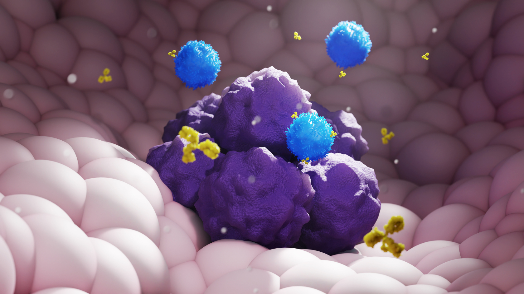 The 3D rendered illustration shows the mechanism of action of immune checkpoint inhibitors: antibodies activate T cells enabling them to recognize and attack tumor cells more effectively