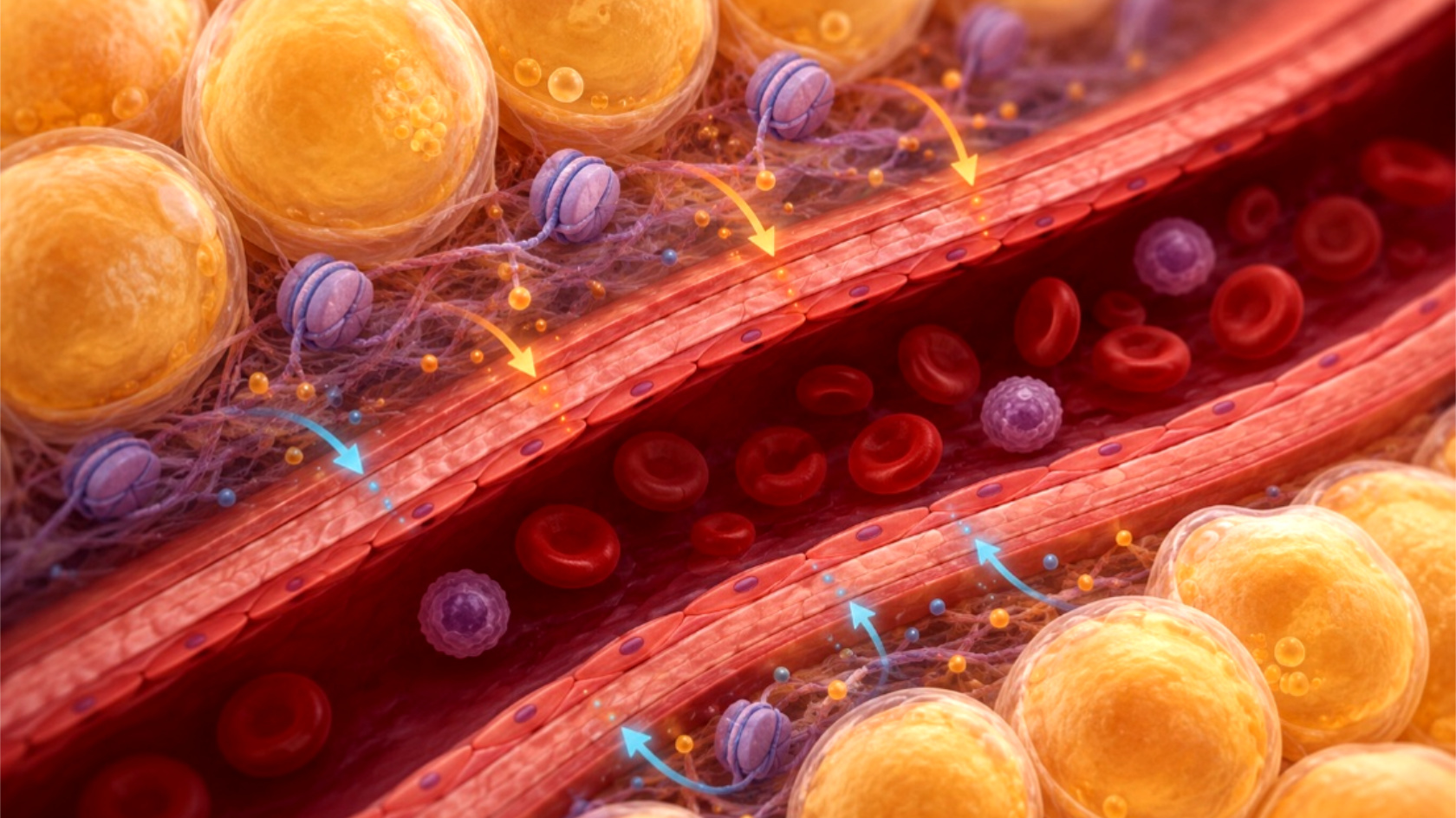 The AI generated image shows a blood vessel along with the surrounding fat cells and the proteins that package the DNA.