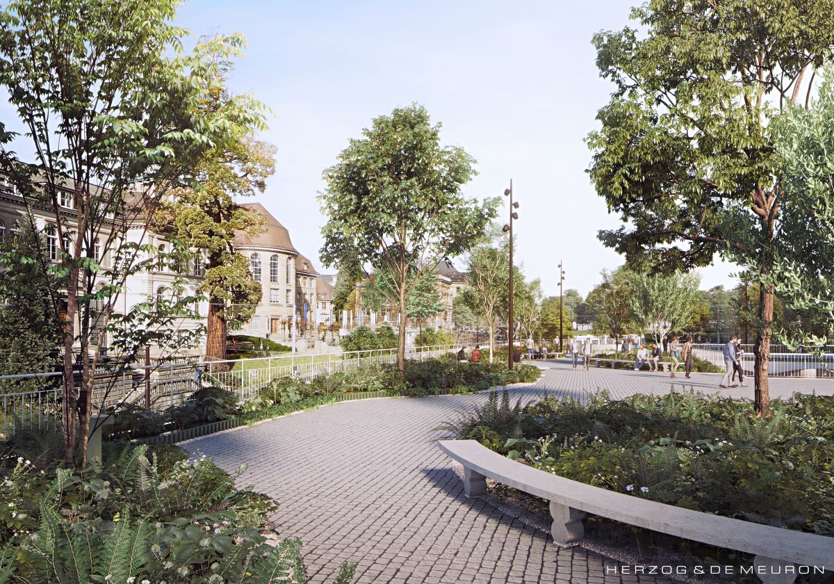 Der begrünte Stadtplatz an der Rämistrasse lädt zum Verweilen ein. (Visualisierung: Herzog & de Meuron)