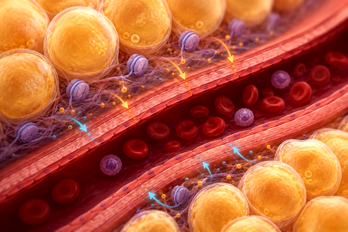 The AI generated image shows a blood vessel along with the surrounding fat cells and the proteins that package the DNA.