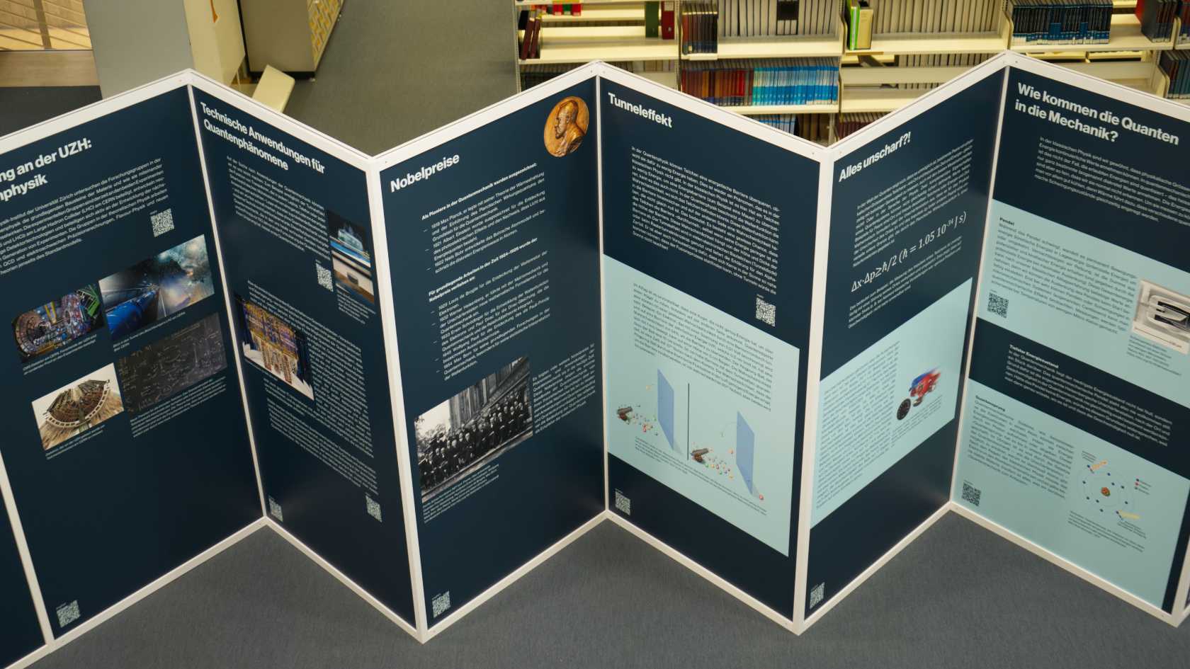 Several panels from the Quantum Century exhibition at the University Library on the Irchel campus.