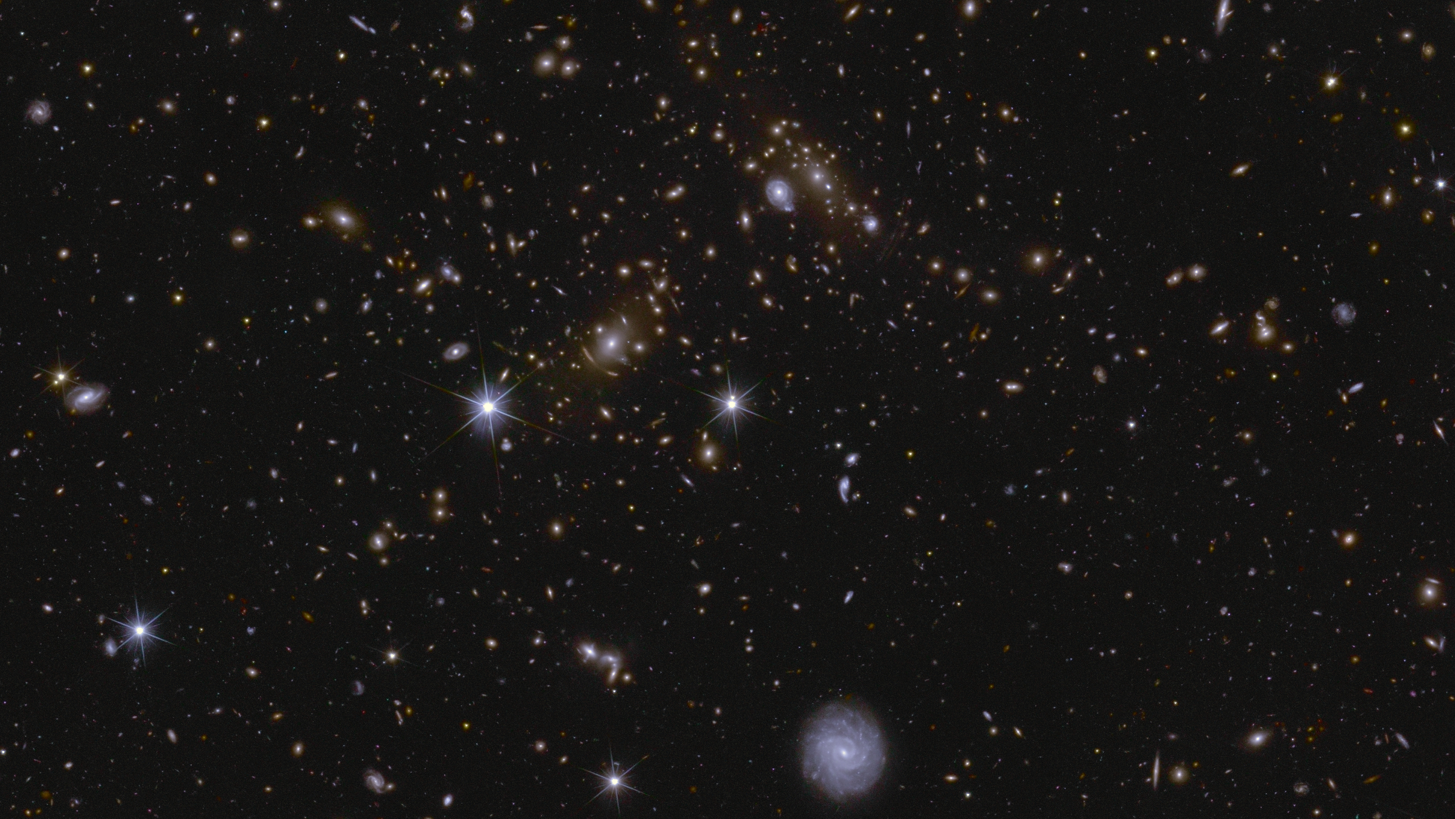 Section of the Deep Field South magnified 70 times. Galaxies of various sizes and shapes can be seen.