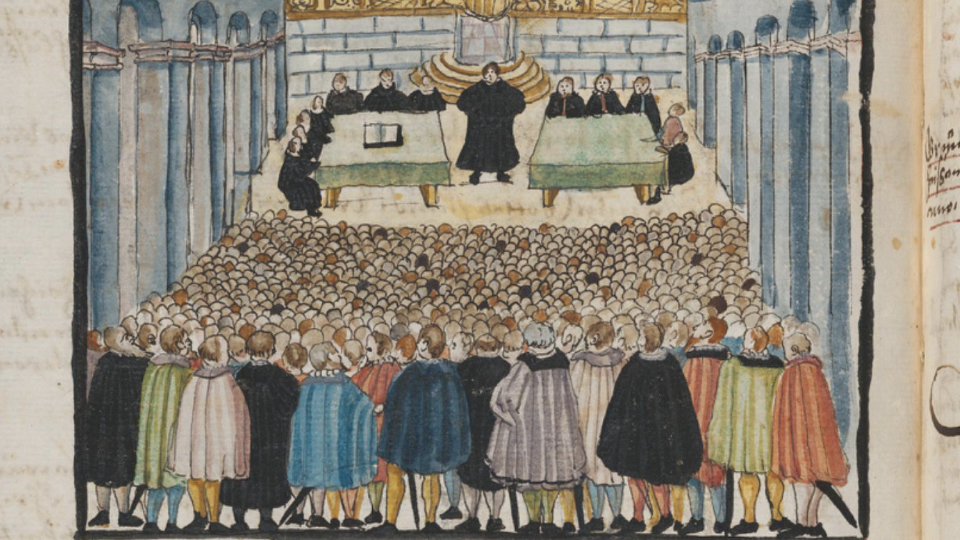 Kolorierte Zeichnung, die eine Disputation zwischen Theologen und Täufern zeigt